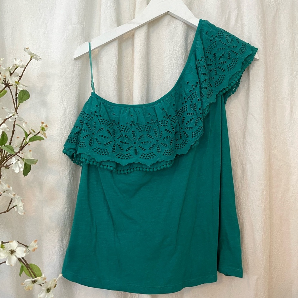 NWT! Anthropologie One Shoulder Teal One Shoulder Top L - Picture 2 of 3
